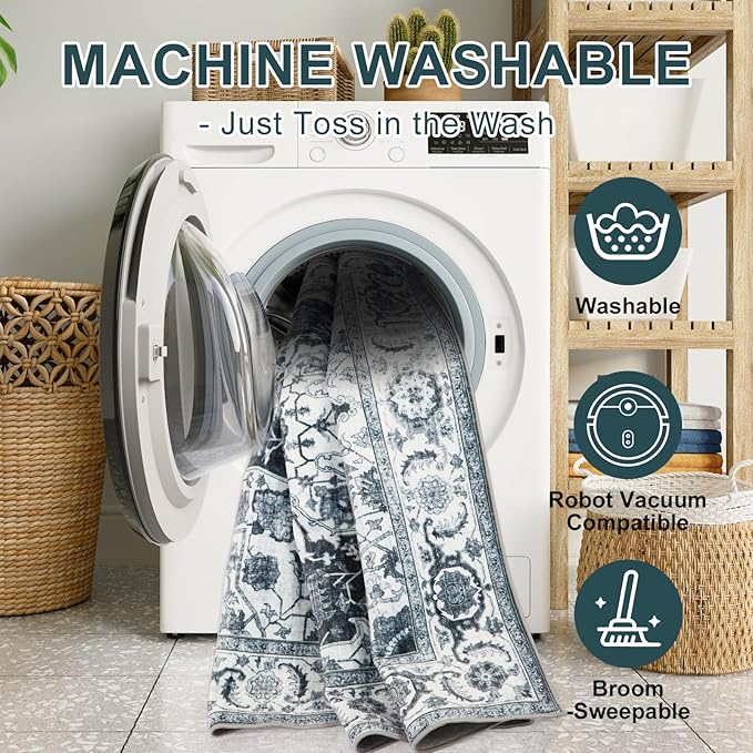 WILLSUN Washable Area Rugs, 2x3 Non-Slip Boho Small Area Rugs for Entryway, Kitchen, Bathroom, Machine Washable Vintage Rug, Indoor Floral Print Carpet for Home Decor, Kid & Pet Friendly Mat