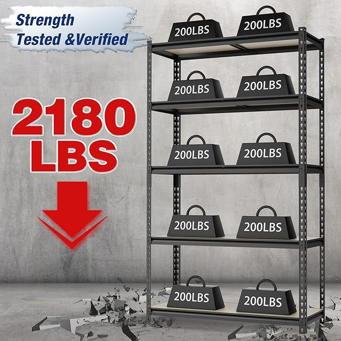 WORKPRO 5-Tier Storage Shelf, 72" H Heavy Duty Adjustable Garage Shelving Unit 2180LBS Capacity, for Basement, Kitchen, Pantry, 35.4”Wx11.8”Dx72”H, Black