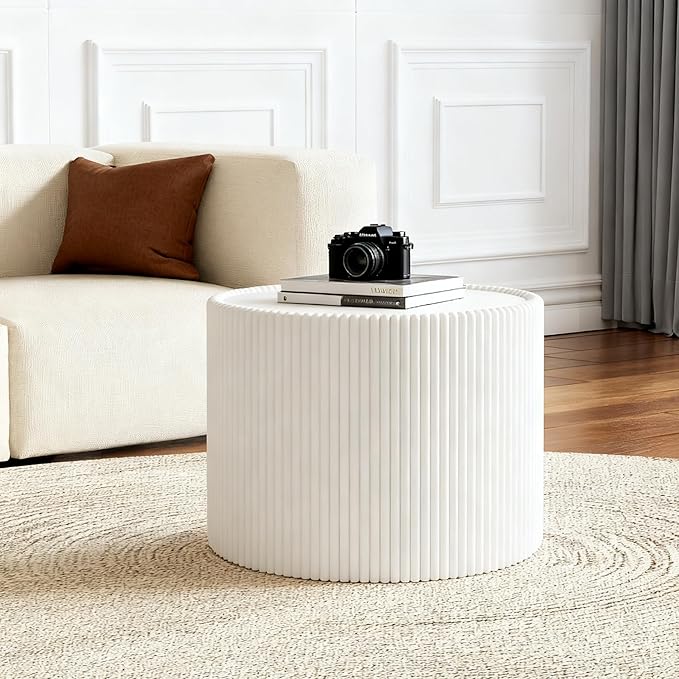 White Round Coffee Table with Sintered Stone Tabletop, 17.71" Drum Coffee Table with Fluted PU Leather Covered and Stable Base, Circle Cocktail Tea Table for Living Room