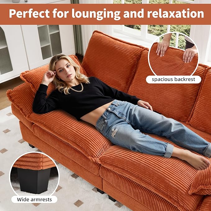 83" Loveseat Sofa, Cloud Couches for Living Room, Comfy Corduroy Couch with Deep Seat, Love Seat Couches for Bedroom, Apartment and Office, Easy Assemble for Small Space (Orange)
