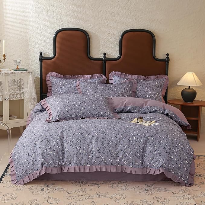Purple Ruffle Duvet Cover Twin 3 Pieces Cute Daisy Flower Duvet Cover Girls Cottagecore Bedding Set Twin 100% Cotton Romantic Lace Comforter Cover Aesthetic Floral Bedding Cover with Zipper Closure