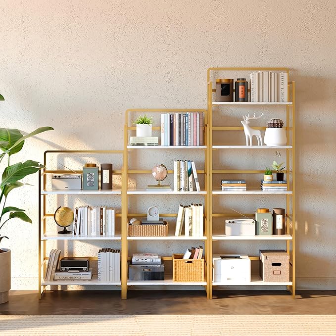 4NM No Assembly Folding Bookshelf, 4-Shelf 54" H Collapsible Foldable Bookcase Storage for Small Spaces, White and Golden