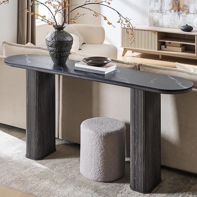 OKD 63" Modern Console Table with Arc Marble Texture Top, Fluted Wood Base, Contemporary Entryway Sofa Table for Living Room, Hallway, Foyer, Dark Alder
