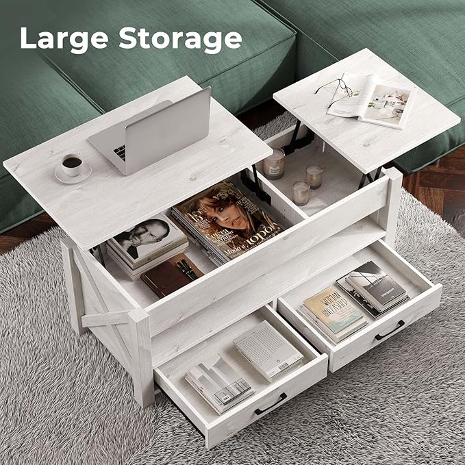 Seventable Coffee Table, 39.3" Lift Top Coffee Table with 2 Storage Drawers and Hidden Compartment, Retro Center Table with Wooden Lift Tabletop for Living Room, Gray