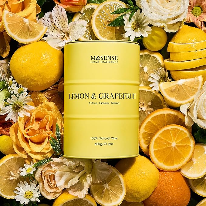 M&SENSE Lemon Candle Large for Home Scented, Lemon Soy Candles 21.2oz 120 Hour Slow Burning, Highly Scented Limoncello Grapefruit Citrus Candles for Bathroom, Fresh Smelling Candle