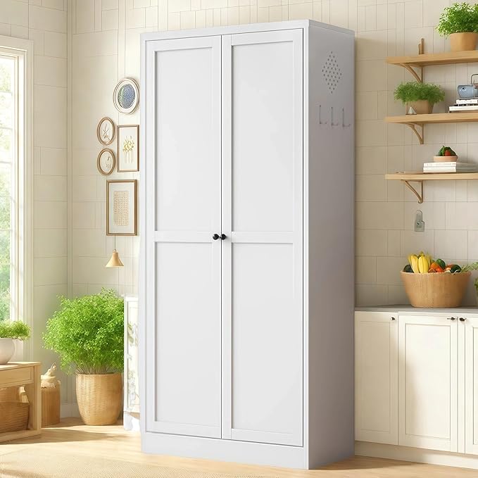61'' Storage Cabinet, 4 Adjustable Shelves Kitchen Pantry with 2 Doors, Tall White Metal Storage Cabinet with External Hooks, Heavy-Duty Farmhouse Pantry for Kitchen Living Room
