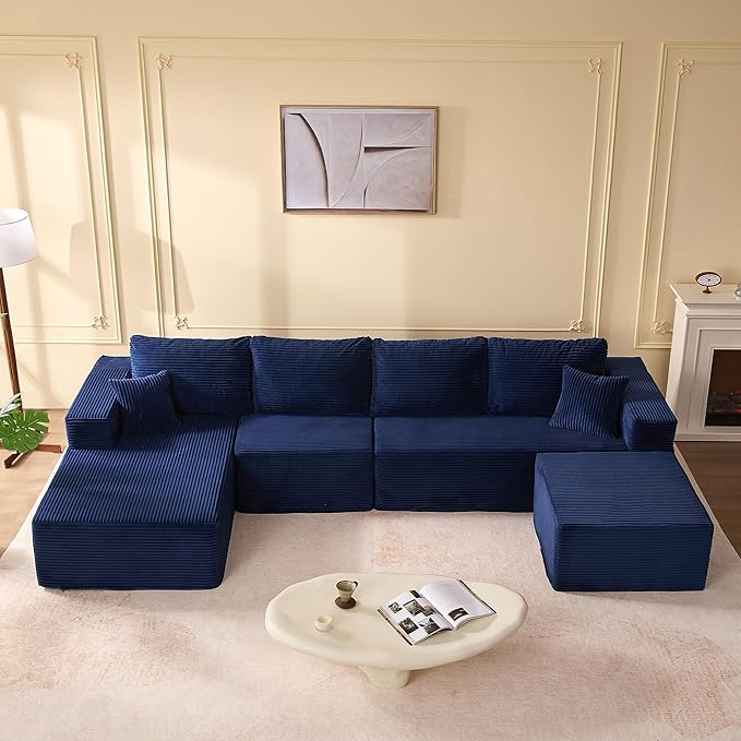 138" Boneless Couch with Deep Seat, Modular Sectional Sofa, Cloud Sectional Couch for Living Room, No Assembly Required, Corduroy, U-Shape 4 Seater Left, Blue