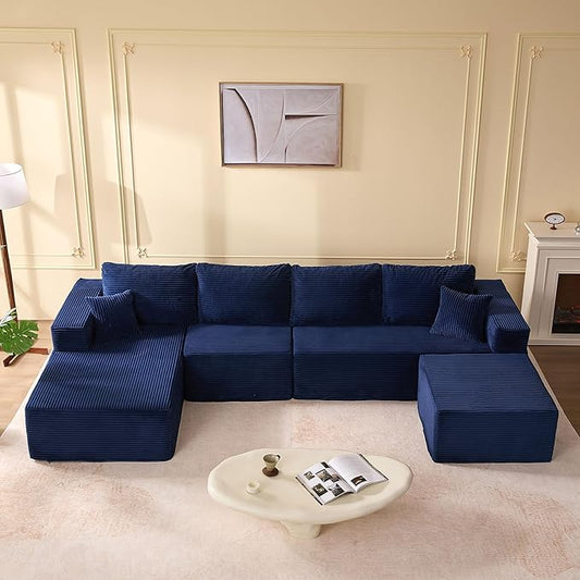 138" Boneless Couch with Deep Seat, Modular Sectional Sofa, Cloud Sectional Couch for Living Room, No Assembly Required, Corduroy, U-Shape 4 Seater Left, Blue