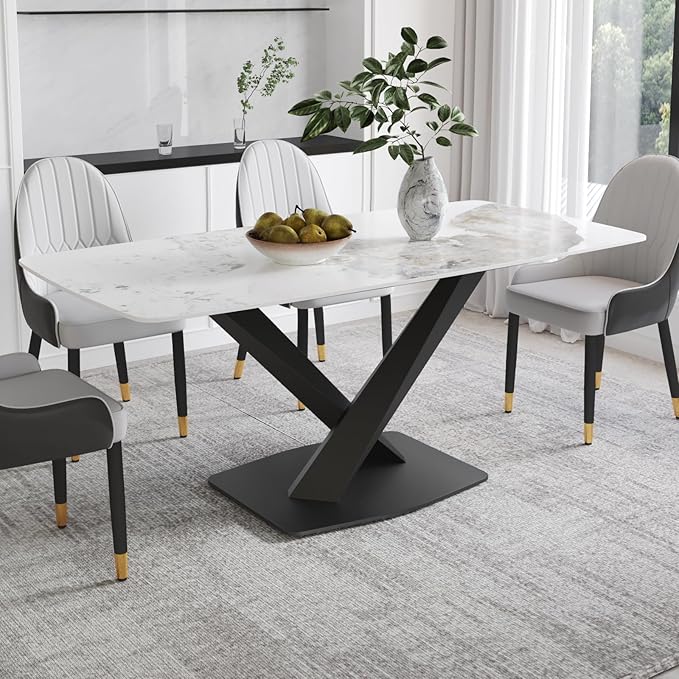 Modern Rectangle Marble Dining Table,71" Antique White Marble Sintered Stone Top Dining Table,Rectangle Dining Room Table with X-Shape Carbon Steel Pedestal Table for Kitchen/Living Room(Table Only)
