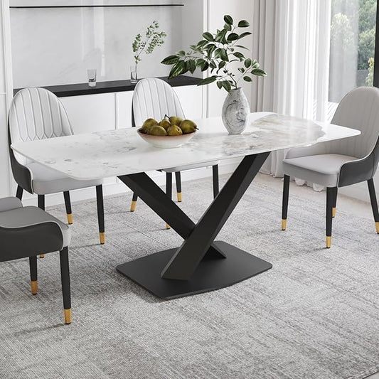 Modern Rectangle Marble Dining Table,71" Antique White Marble Sintered Stone Top Dining Table,Rectangle Dining Room Table with X-Shape Carbon Steel Pedestal Table for Kitchen/Living Room(Table Only)
