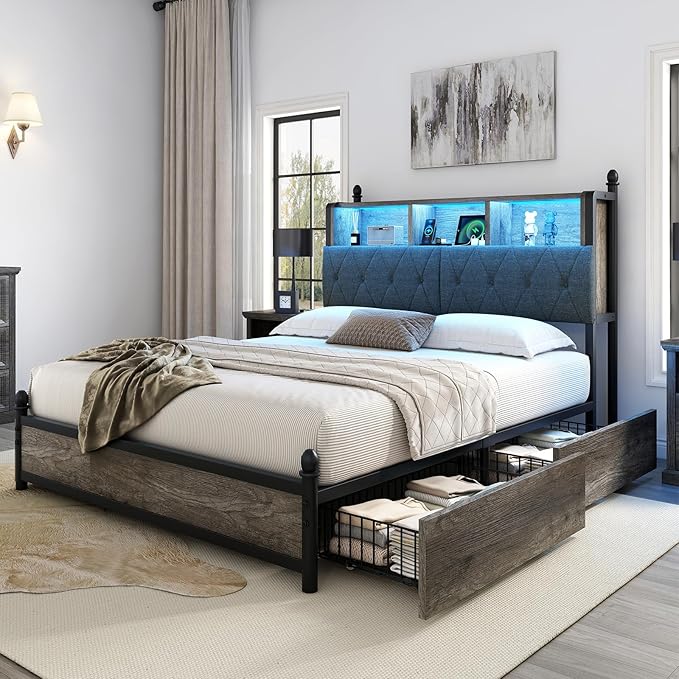AMERLIFE Full Size Bed Frame with Bookcase Headboard and 4 Storage Drawers, Wooden Platform Bed with Charging Station and LED Light, No Box Spring Needed/Noise-Free, Gray