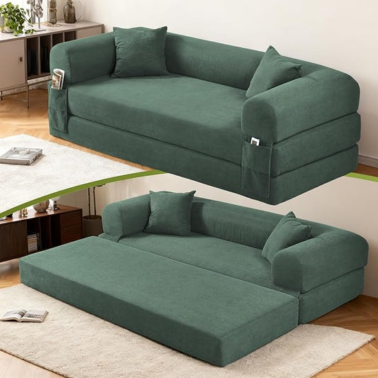 Convertible Futon Sofa Bed,80" Folding Pull Out Couch with Pillows & Storage Pocket, Oversized Queen Sleeper Sofa in a Box,Corduroy Boneless Couch for Living Room,Light Green