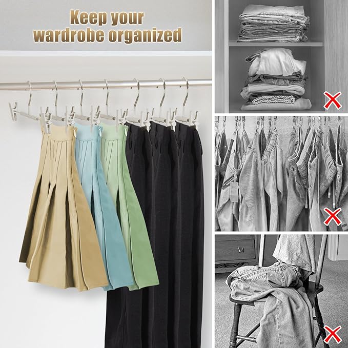VWV 10-Pack Adjustable Women's Skirt and Pants Hangers, Durable, Space-Saving, Suitable for Jeans, Shorts, Underwear, Sports Bras (Matte Pearl Nickel)