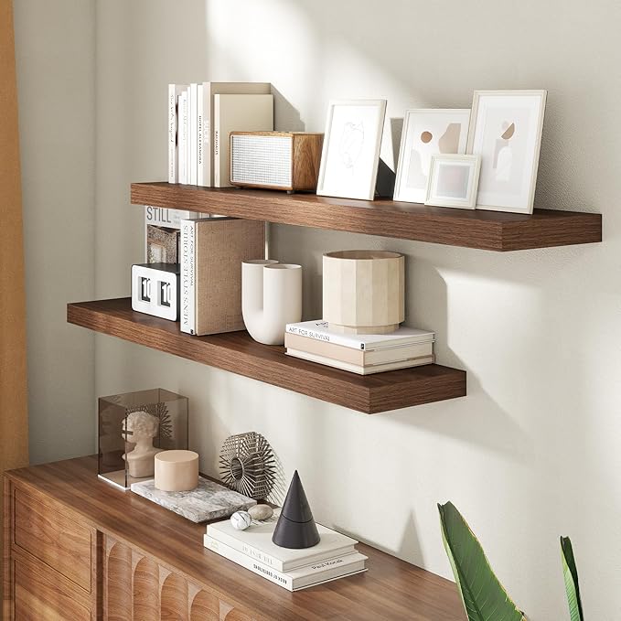 48 Inch Floating Shelves for Wall, 8 Inch Deep Floating Shelf for Storage & Display, Rustic Wall Mounted Shelf with Invisible Brackets for Living Room, Kitchen, Bathroom, Home Decor, Set of 2, Walnut