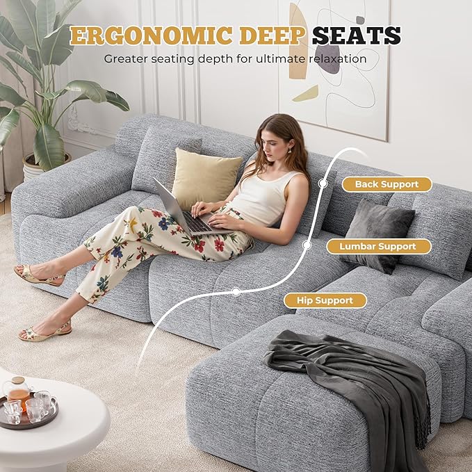 158" Modern U Shaped Modular Sectional Sofa, Boneless Couches for Living Room,6 Seater Convertible Chenille Cloud Couch Sofa Set, No Assembly Required, Light Grey 1 PCS