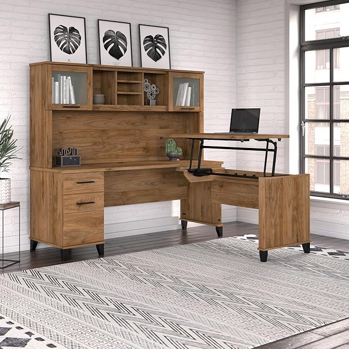 Bush Furniture Somerset 72W 3 Position Sit to Stand L Shaped Desk with Hutch in Fresh Walnut Adjustable Height Table for Home Office