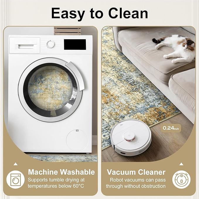 Area Rug Living Room Rugs - 5x7 Modern Abstract Soft Indoor Neutral Washable Rug Stain Resistant Non-Slip Low Pile Carpet for Bedroom Dining Room Home Office - Blue/Grey/Yellow