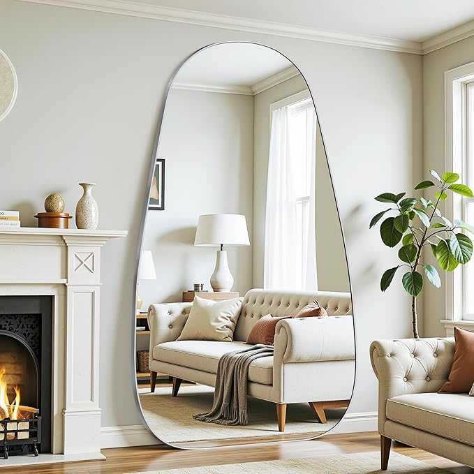 Antok Full Length Mirror, 81"x41" Floor Mirror with Stand,Standing Hanging Leaning Irregular Mirrors for Bedroom Living Room Entryway,Tear Drop Style,Silvery