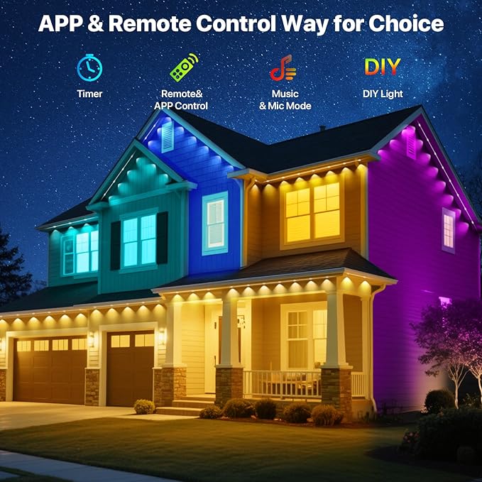 Permanent Outdoor Lights, 100FT RGB+IC LED Lights with Smart APP & Remote Control, 72 Scene Modes, Waterproof IP65 for Holiday, Christmas, Yard Decorations(Extension Cord Not Included)