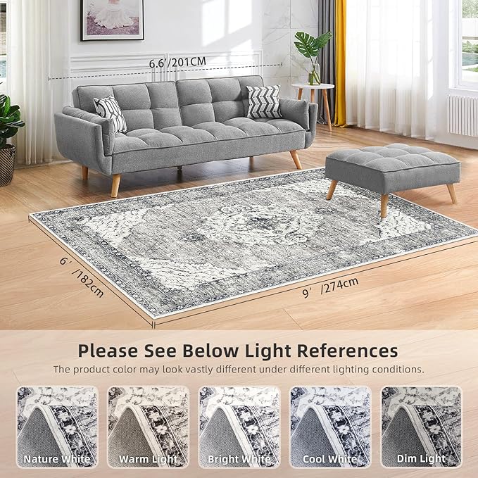 Deerly Grey Rug 6x9 Boho Vintage Rugs for Living Room, Washable Rugs Non Slip Large Area Rug for Dining Room Bedroom Office, Floor Decoration Big Rug Low-Pile Kid & Pet Friendly(Grey)