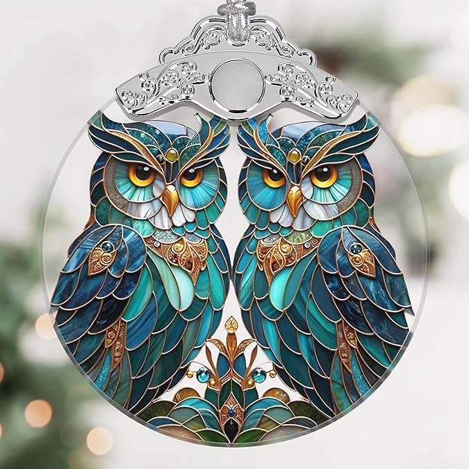 Stained Glass Owl Christmas Ornament - Two Owls, Holiday Decoration for Tree, Gift Idea