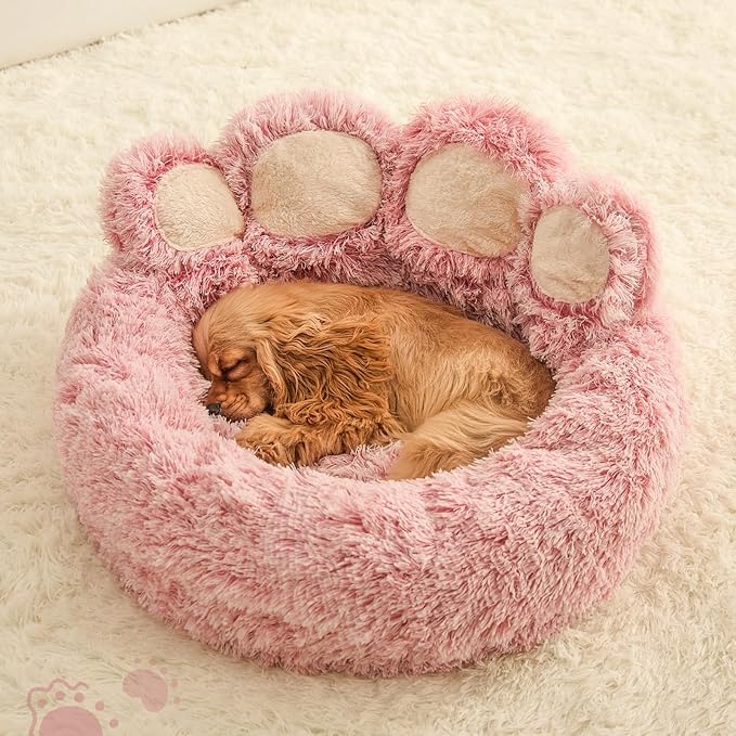Jiupety Paw Shape Calming Pet Bed, Plush Faux Fur Donut Bed for Dogs & Cats, Machine Washable, Non-Slip Bottom, Large Size (26"×26"×8"), Pink