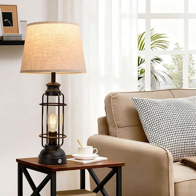 28" Table Lamps for Living Room Set of 2, 3 Way Dimmable Touch Lamps with USB A+C Ports,Farmhouse Table Lamps for Bedroom,Industrial Lamp for Living Room End Tables, 4 Bulbs Included