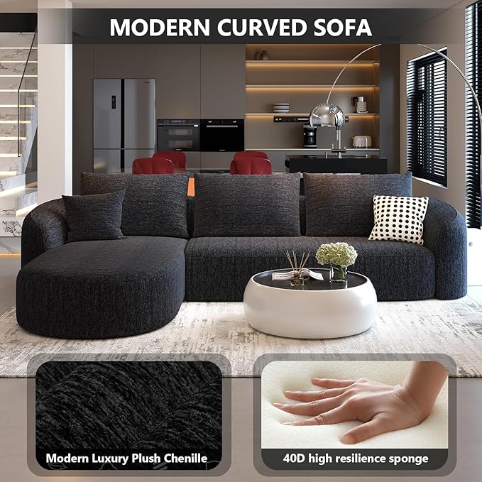 111" Modular Sectional Couches Luxury Modern Curved Back Sofa,Minimalist Comfy L-Shape Boneless Cloud Couch for Living Room Apartment,(Left Facing Chaise,Black)