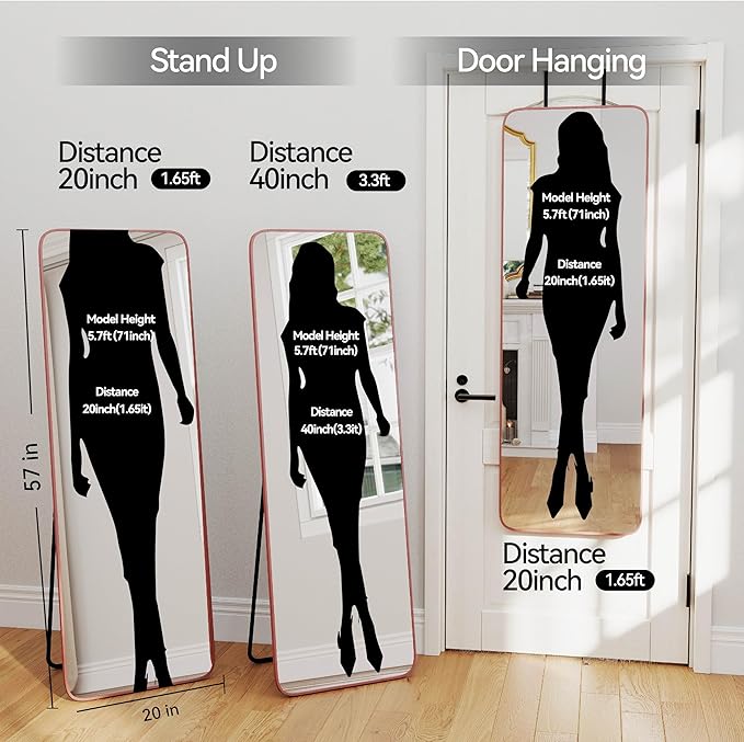57x20 Door Hanging Full Length Mirror, Floor Stand (Height 5.7ft just Body in1.3ft) Wall Mounted Metal Frame Rectangle Dressing Mirrors for Bedroom Room 57 inch Pink Rose Gold