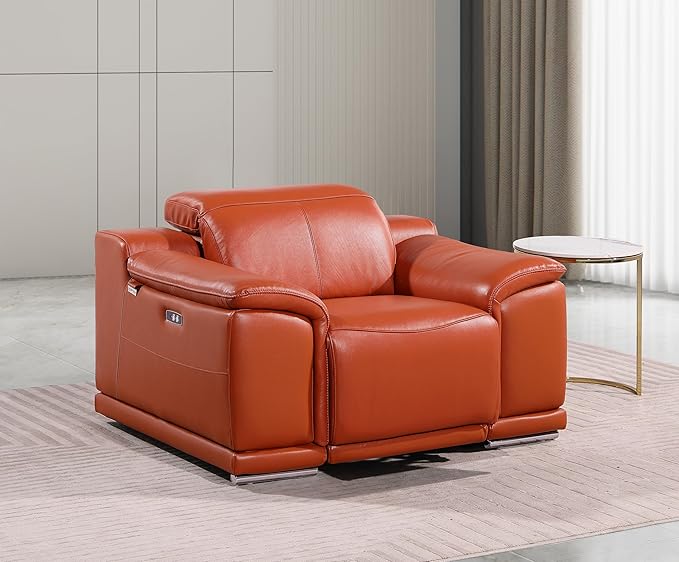 Blackjack Furniture Venice Top Grain Italian Leather Power Recliner Chair with Adjustable Headrest Modern Luxury Seating for Living Room Lounge, Camel