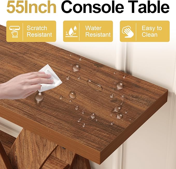 Console Tables, 55-Inches Walnut Console Table with Storage 3-Tier Farmhouse Narrow Entryway Table for Living Room, Hallway, Foyer(Brown)