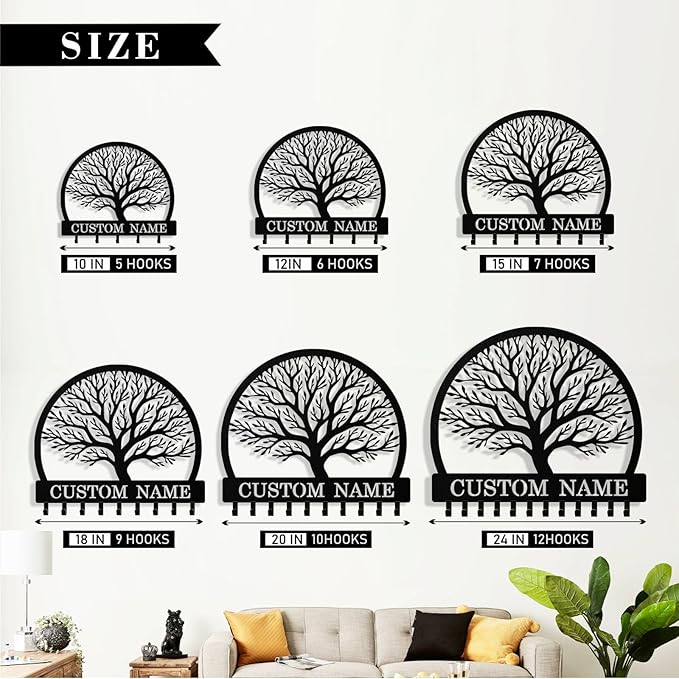Personalized Key Holder Wall Mount, Custom Tree of Life Metal Keys Hanger for Wall with Name, Custom Key Rack Holder with Hooks for Home, Entryway, Front Door, Living Room, Kitchen, Bathroom