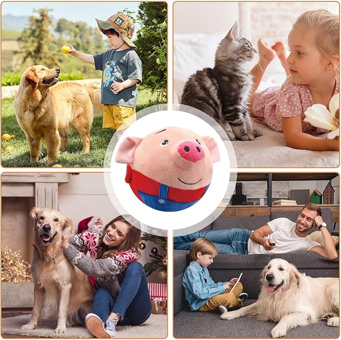 Active Moving Pet Plush Toy, Interactive Dog Toys Pet Bouncing Balls, USB Rechargeable Interactive Washable Cartoon Pig Plush Sound Electronic Dog Toy, Small Cute Squeaky Pig Dog Toy (Red)