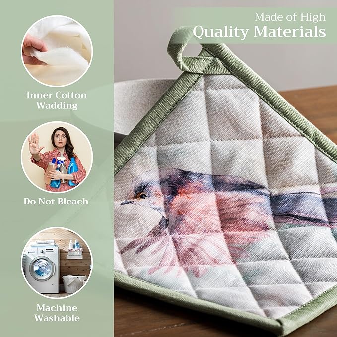 Maison d' Hermine Pot Holders 100% Cotton Heat Resistant Potholders 8" x 8" Hot Pads with Loop BBQ, Cooking, Baking, Grilling, Kitchen, Handling Hot Pans Spring/Summer (Pack of 1, Flying Birds)