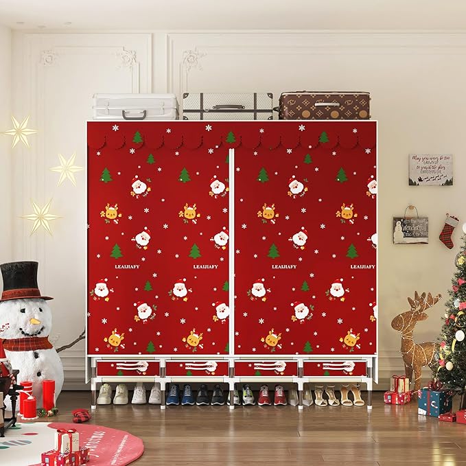 Portable Wardrobe with 4 Drawers Simple Temporary Wardrobe, Armario Portátil,New Oxford Cloth, Christmas Style (Christmas Color)