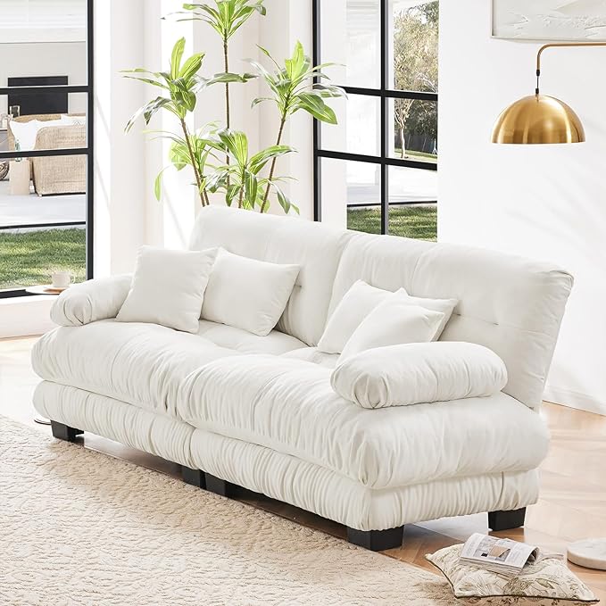 94.4” Loveseat Sofa, 2 Seater Modular Sectional Sofa, White Large Sectional Fluffy Couch Set, Chenille Cloud Couch with 4 Pillows, Deep Seat Sofas for Living Room