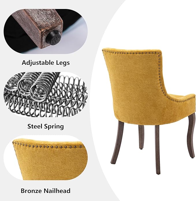 Farmhouse Dining Chairs Set of 4, Upholstered Fabric Dining Room Accent Chairs with Wood Legs & Bronze Nailhead, High Wingback Kitchen Chairs for Living Room Hotel Apartment, Golden Yellow