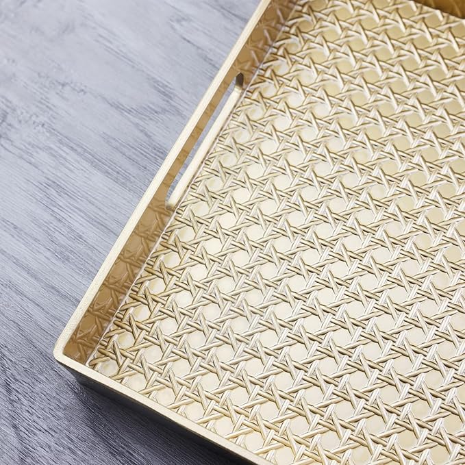 Gold Decorative Coffee Table Tray, Rectangular Plastic Serving Tray with Handles for Living Room, Ottoman, Bathroom, 15.7"*10.2"