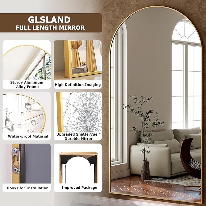 GLSLAND-30x71 inch Wall Mount Arched Full Length Mirror-Aluminum Alloy Frame High Definition-Full Body Mirror for Bedroom or Living Room,Gold