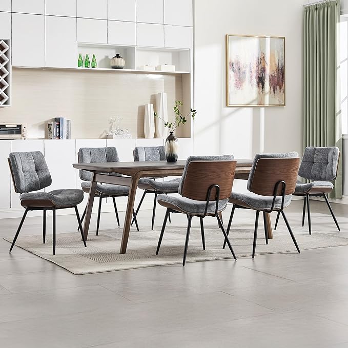 BFZ Dining Chairs Set of 6, Mid Century Modern Kitchen Chairs with Walnut Bentwood Back and Metal Legs, Upholstered Fabric Dining Room Chairs for Kitchen, Living Room