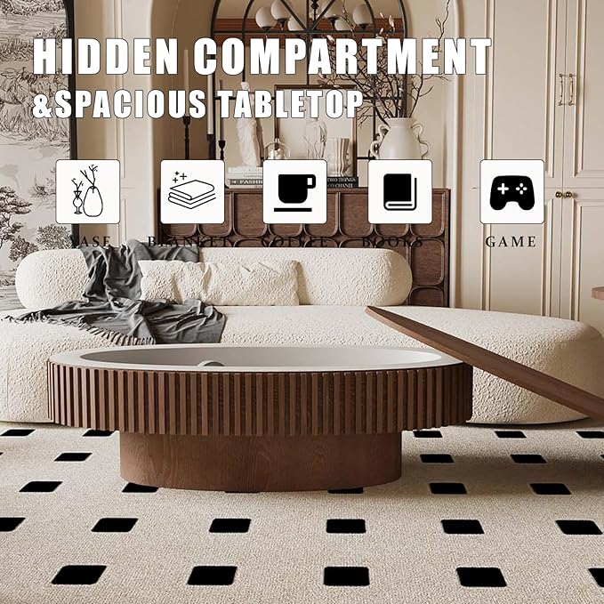 47.2" Oval Coffee Table with Storage, Fluted Coffee Table with Solid Wood Veneered, Mid Century Modern Wooden Center Table, Accent Tea Table for Living Room Apartment, Walnut