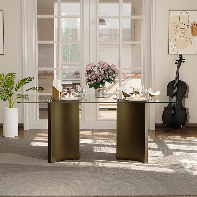 Asday 70 Inch Glass Dining Table with Bronze Base, Rectangular Dining Table for 6 People, Modern Brass Dining Room Table for Kitchen