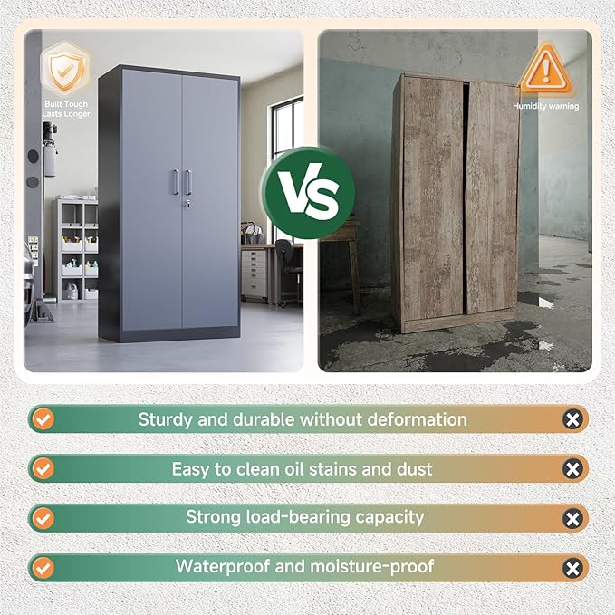 Letaya Metal Storage Cabinets with Lock Door and 5 Adjustable Shelves, Steel Garage Tool Organization Cabinets for Home,Utility Room, Warehouse,Lockers(71"-Black Gray)