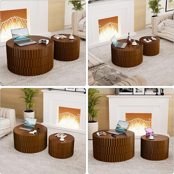 Round Nesting Tables - Handcraft Relief Veneered Walnut Fluted Circular Coffee Table Set of 2 with Non-Slip Bottom Pads for Living Room Balcony Bedroom Study (B 26.8+19.7in)