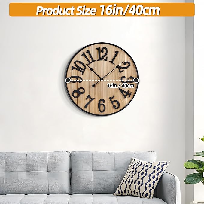 Large Wall Clock 16IN, Silent Metal Wood Style Wall Clocks Battery Operated for Living Room Decor, Farmhouse Big Wall Clock, Outdoor
