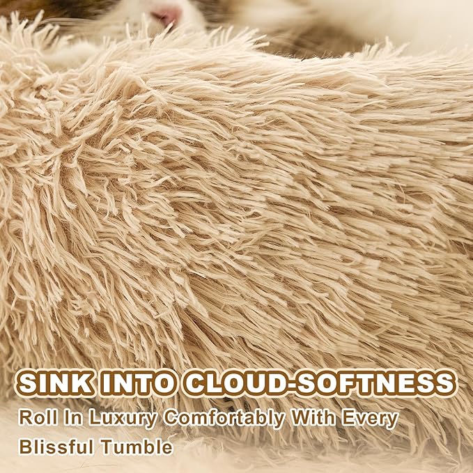 Jiupety Paw Shape Calming Pet Bed, Plush Faux Fur Donut Bed for Dogs & Cats, Machine Washable, Non-Slip Bottom, Medium (22"×22"×6"), Camel