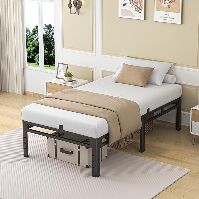 NKZ 22 Inch Twin Size Bed Frame, Metal Bed Frame & Box Spring 2 in 1 Platform with Round Corner Legs, 4000Lbs Heavy Duty Metal Frame, Mattress Slide Stopper, Headboard Hole, Noise-Free, Easy Assembly