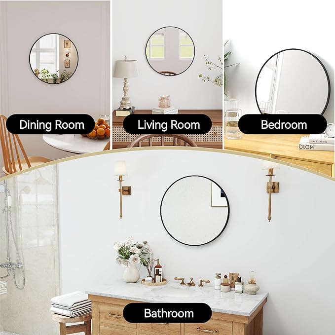 20" Round Mirror Circle Wall Mounted Hanging or Against Wall Metal Frame Dressing Make-up Mirrors for Entryway Bedroom Bathroom Living Room 20 inch Black
