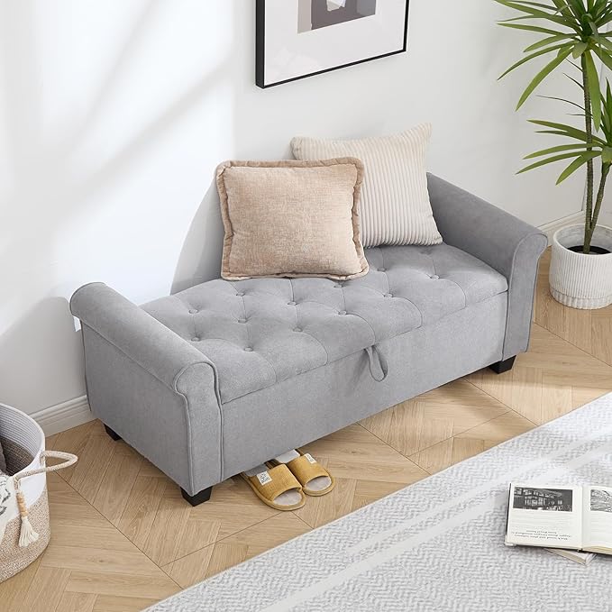 End of Bed Storage Bench for Bedroom, 49" Upholstered Storage Ottoman with Rolled Arms, Rivet Polyester Fabric Ottoman Bench for Bedroom, Living Room, Window, Entryway, Light Gray