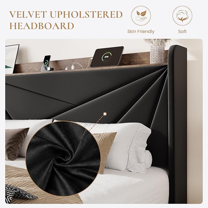 SHA CERLIN King Size Bed Frame with 3 Drawers, USB & Type-C Charging Ports, Velvet Upholstered Platform Bed with Modern Geometric Wingback Storage Headboard, No Box Spring Needed, Easy Assembly, Black